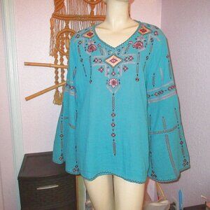 Pyramid Collection Embroidered Double Cloth Top Size XL Tunic Crinkle Teal Boho